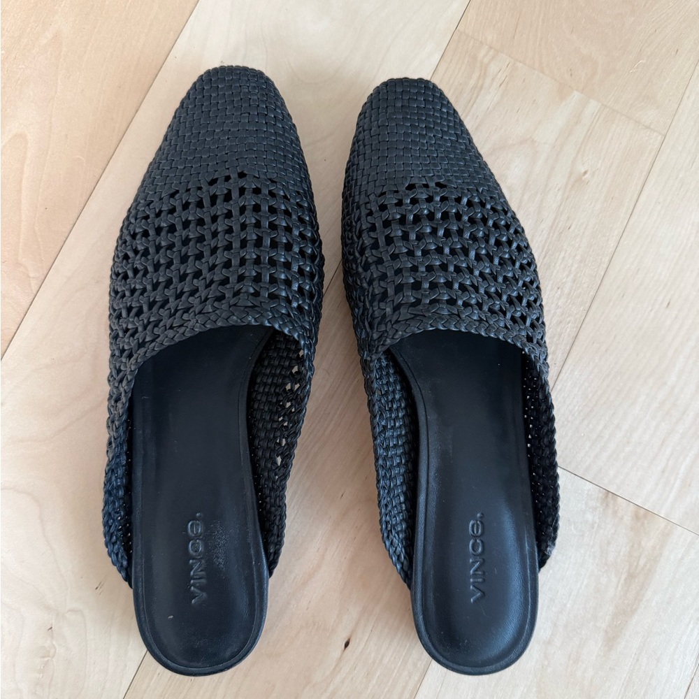 Vince Black Woven Leather Slip-On Mules